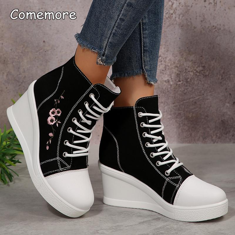 Floral Embroidered Wedge Woven Shoes for Women Autumn Lace Up High Top Casual Shoes Woman Size36-42 Fashion Platform Pumps