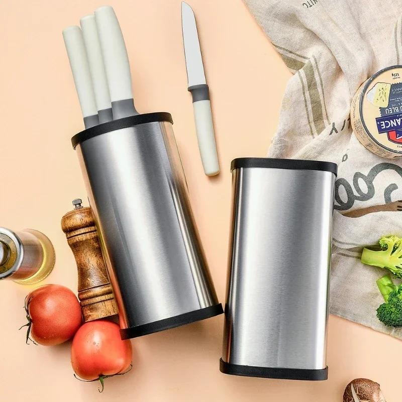 Steel Kitchen Area Plug Seat Knife Holder Multifunctional Storage Rack Knife Organizer Sleek Style Square Round Bucket