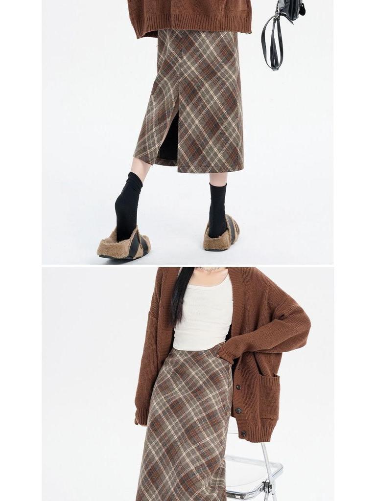 2025 Spring/Autumn High Waist Slit A-line Wool Plaid Midi Skirt for Women
