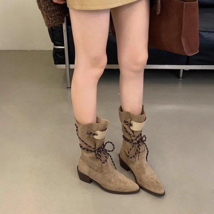 

Retro thick heel brown suede medium tube stacking boots women s 2025 new thin boots spring and autumn single boots western short boots 35