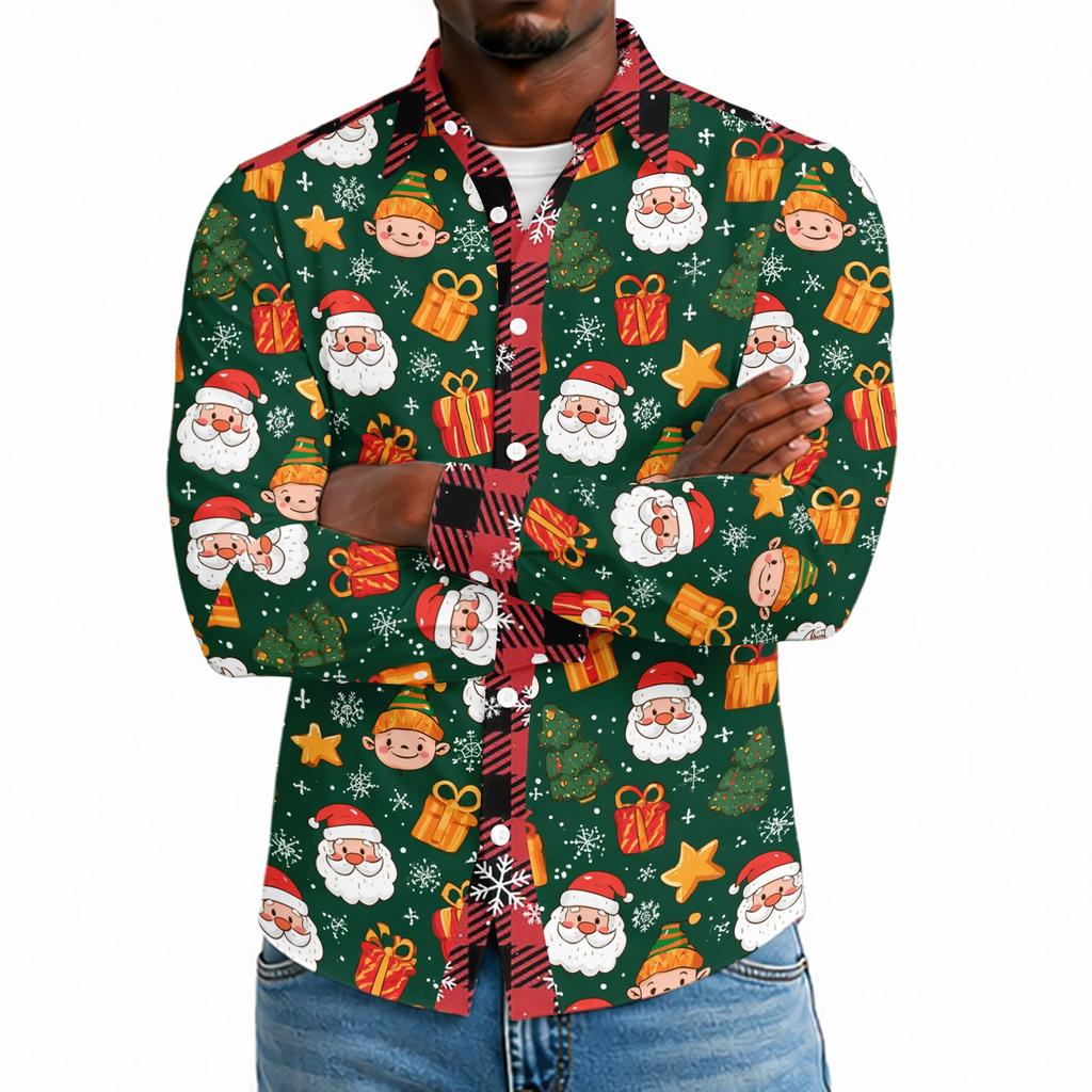 Men's Casual Long Sleeve Shirt with Christmas Print for Spring and Everyday Wear