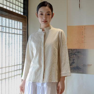 Camicie Top Stile Cinese da Donna Camicette a Manica Lunga Primavera Tinta Unita Jacquard