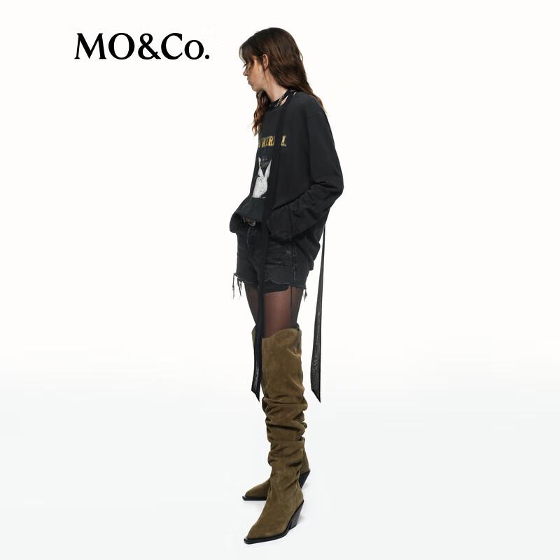 

MO&Co. NOIR Washed Cotton Mottled Print Frayed Long Sleeve T-Shirt XS 155