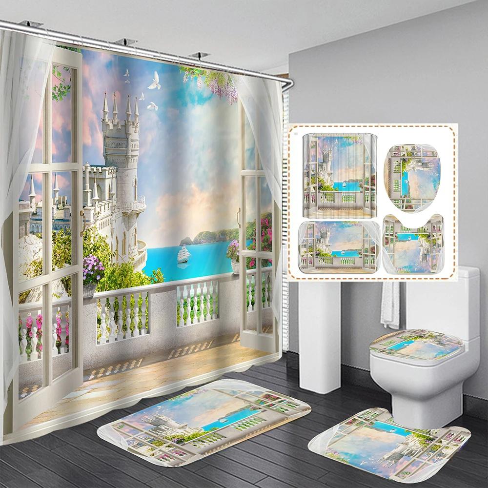 Sunny Beach Pattern Waterproof Polyester Shower Curtain With Hooks Anti-Slip Soft Bath Carpet Mat Lid Toilet Cover Home Decor