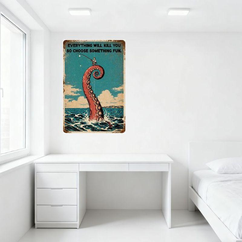 Panneau en étain vintage 'Everything Will Kill You' Poulpe Calmar Tentacule Garçon de l'Océan Pêcheur Affiche Métallique pour Bar Pub Maison Café Décor Mural