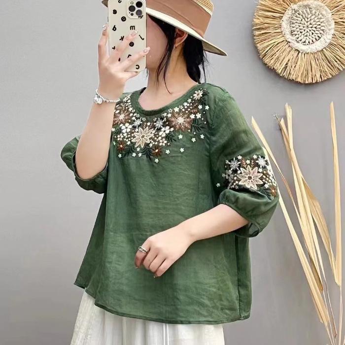 

Embroidered Fashion Three-quarter Sleeve T-shirt Summer Loose and Thin Cotton Round Neck Pullover Small Shirt Top S