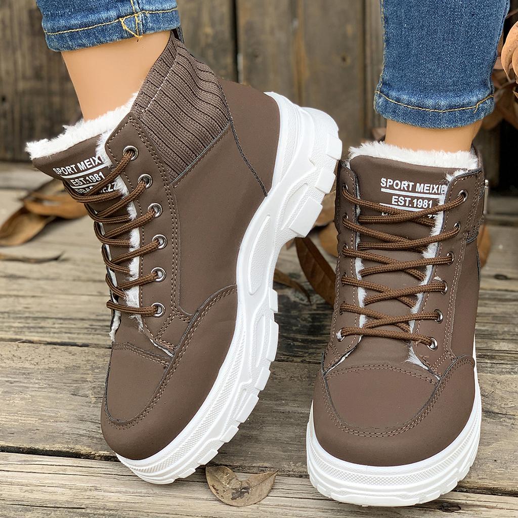 Fashion Fashion Women Warm Boots Mid Heels Shoes Winter Students Flat Boots Walking Pure Color Lace-up Boots Shoes Casual Sports Shoes