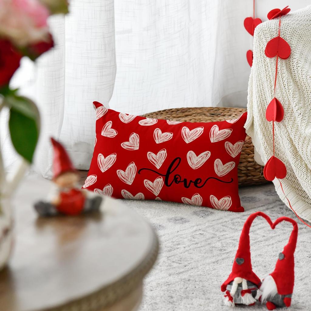 AVOIN colorlife Valentine's Day White Love Heart Throw Pillow Cover, 12 x 20 Inch Red Anniversary Wedding Cushion Case Decoration for Sofa Couch