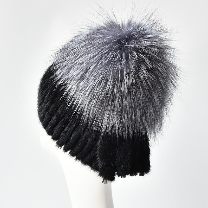 Natural Mink Fur Hats for Women Winter Hand Woven Fur Tail Fox Fur Knit Caps Fashion Design Warm Female Ski Beanie
