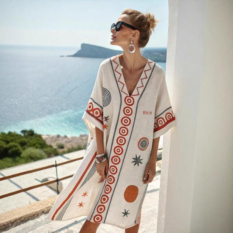 New Amazon Women's Clothing Super Fairy V-Neck Dress Seaside Vacation Beach Dress Printed Loose Mid-Length Dress