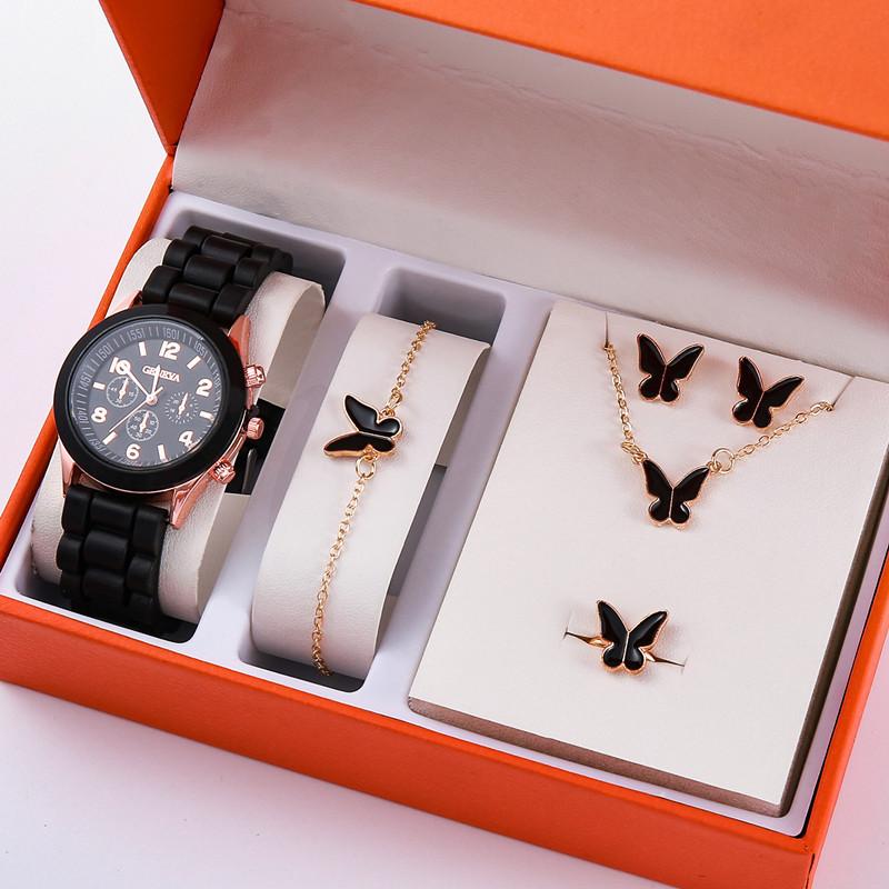 5Pcsset Steel Belt Women'S Watch Fake Three-Eye Women'S Casual Quartz Watch Jewelry Gift Box
