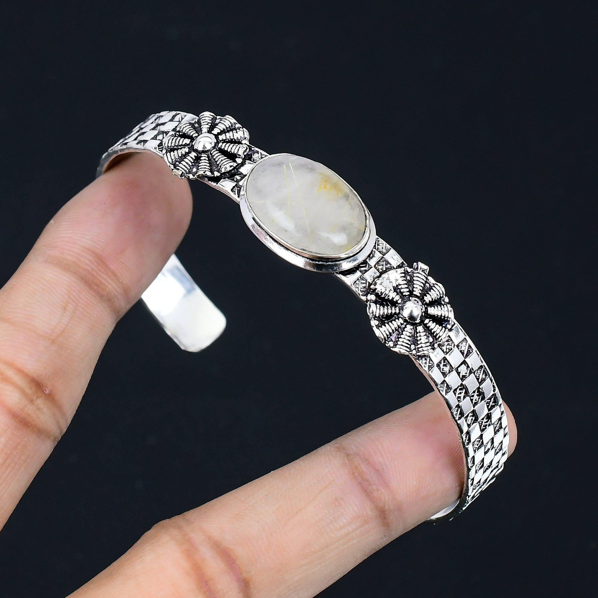 

Daughters Day Deal Sterling Silver Oval Golden Rutile Stone Wife Wedding Bangle Adjustable