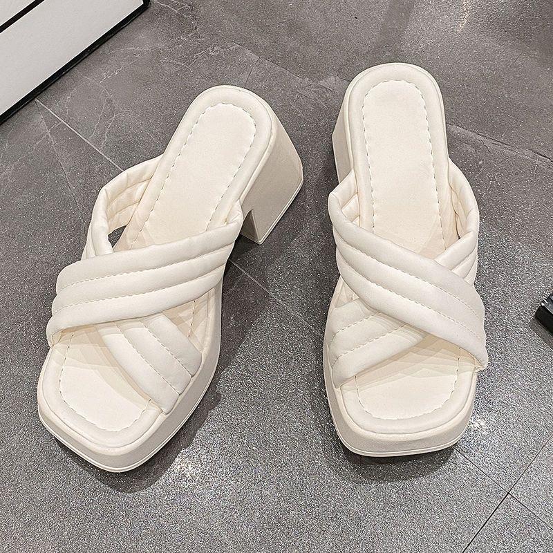 High-heeled Slippers 2025 Summer Soft-sided French High-end One-word Thick-bottomed Waterproof Table Women's Fashion Sandals
