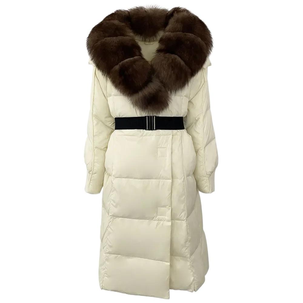 OFTBUY Winter Jacket Women Long Natural Real Raccoon Fox Fur Collar White Duck Down Coat Belt Thick Warm Casual Outerwear