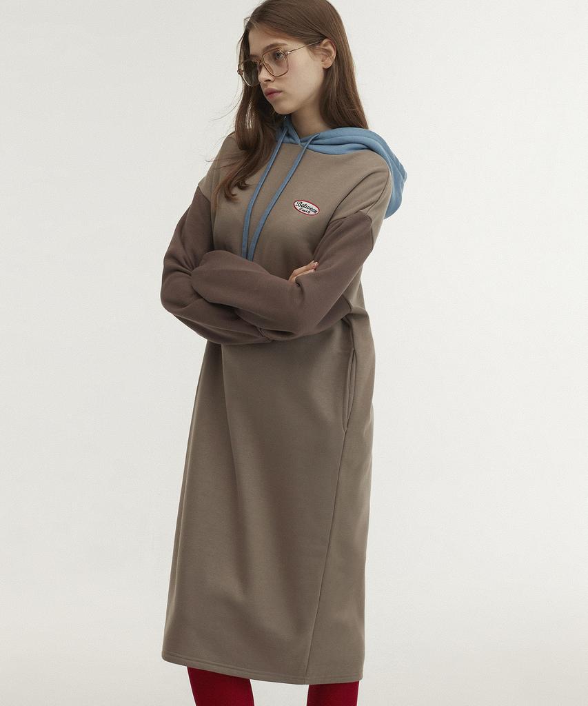 Between A And B Hooded Long Jersey Fleece-Lined Dress [Chocolate]
