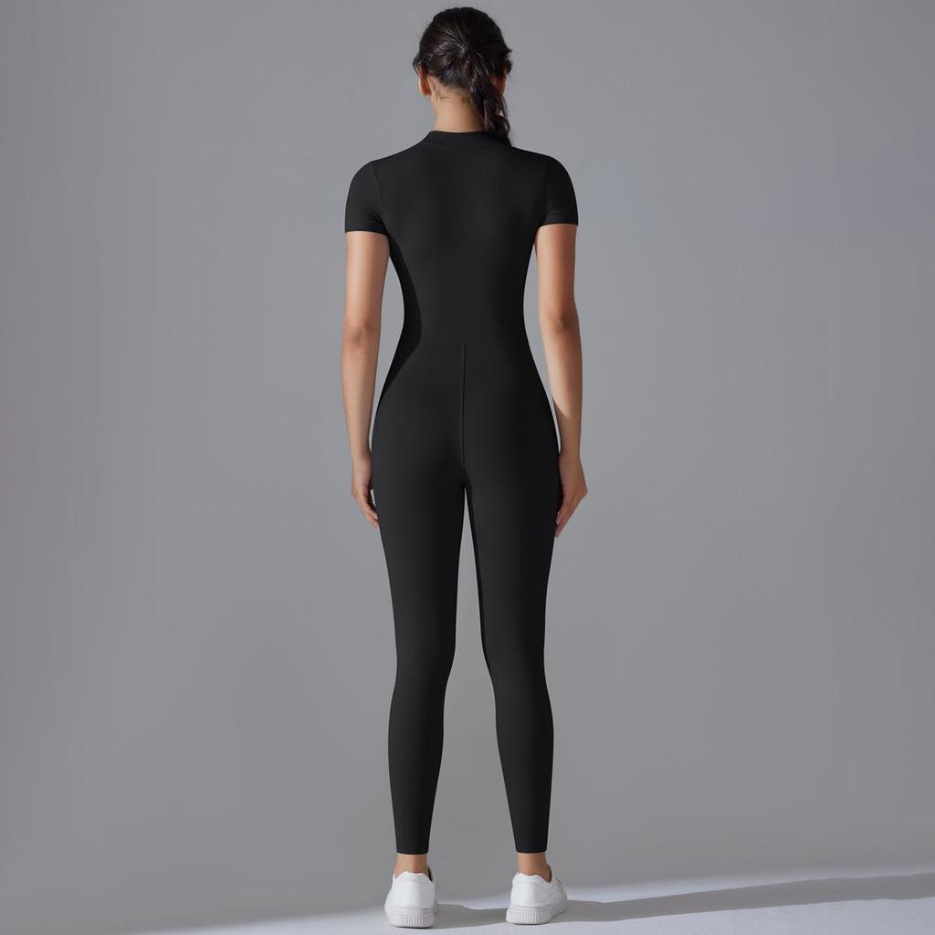 Solid Color High Elastic Half-Zip Short Sleeve Bodysuit for Sexy Fitness