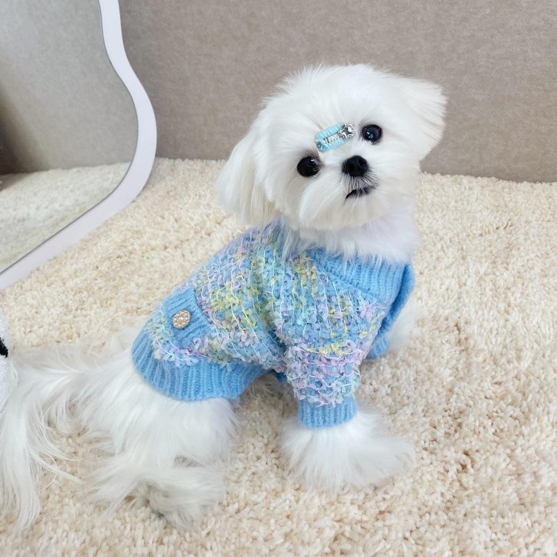 Autumn and Winter Colorful Sweater Pet Thickened Butterfly Yarn Knitted Cardigan Sweater Dog Cat Teddy Coat for Small Dogs
