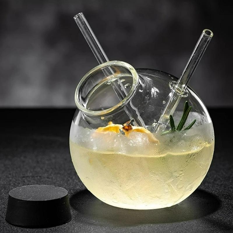 Bicchiere di Vetro a Forma di Globo, Bicchiere di Vetro Creativo Unico, Bicchieri da Cocktail per Mixology Molecolare Bicchieri a Doppia Cannuccia, Bicchieri per Bevande e Succhi