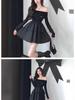 Francouzské černé šaty s odhalenými rameny, dlouhým rukávem a áčkovou sukní na jaro a podzim - Sladký a pikantní design s úzkým pasem, který zvýrazňuje postavu