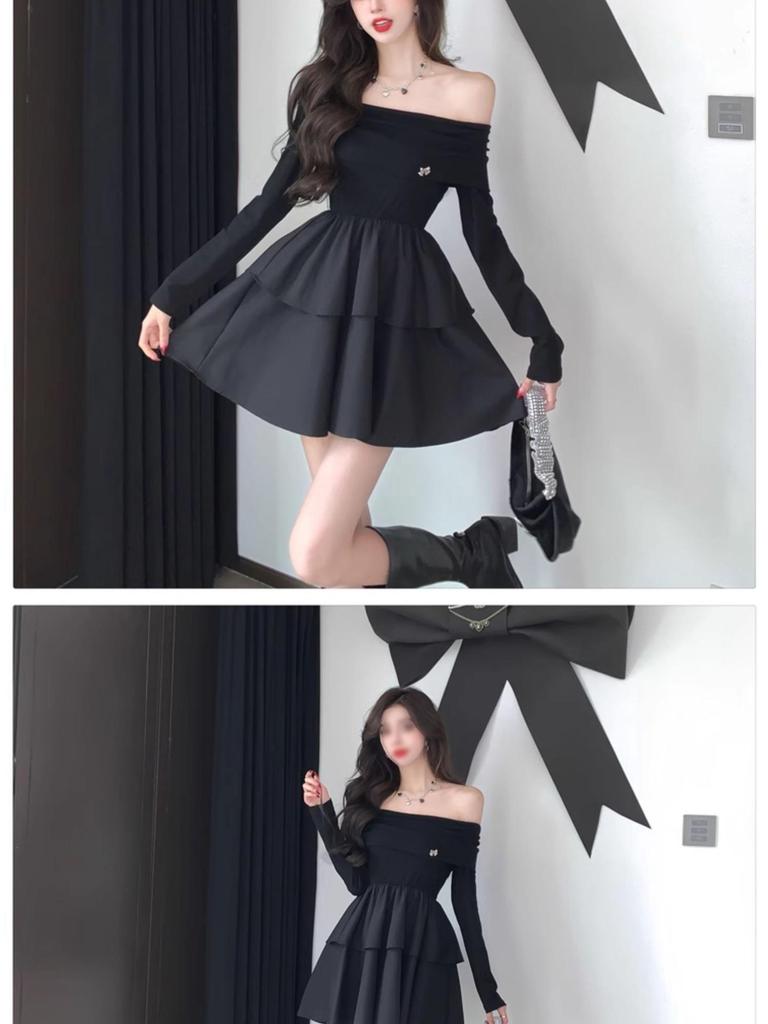 Francouzské černé šaty s odhalenými rameny, dlouhým rukávem a áčkovou sukní na jaro a podzim - Sladký a pikantní design s úzkým pasem, který zvýrazňuje postavu