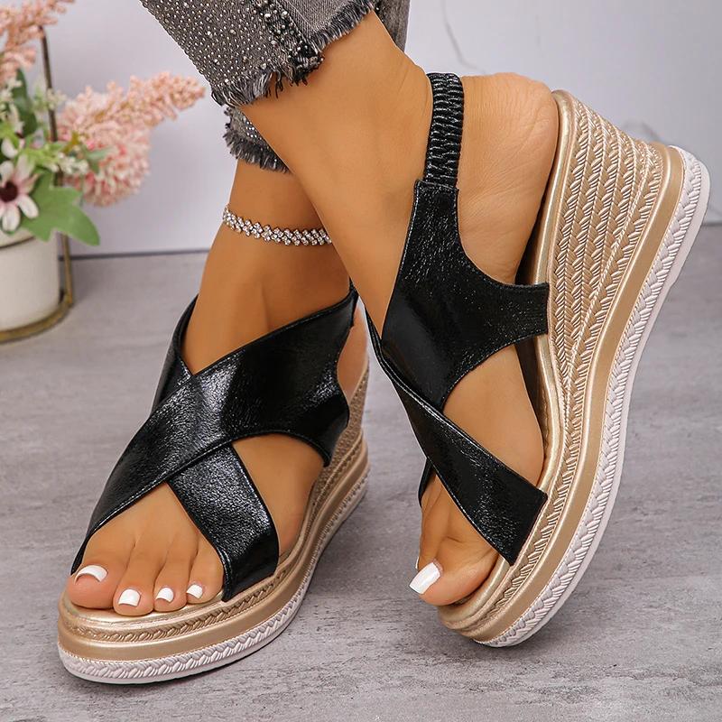 Fashion Gold Cross Strap Wedge Heels Sandals Women Summer 2025 Chunky Platform Light Weight Sandles Woman Plus Size Rome Sandalias Mujer
