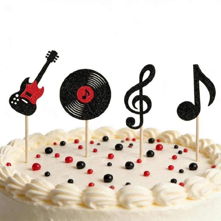 Confezione da 24 Topper per Torta Note Musicali Neri Scintillanti Decorazioni per Cupcake in Carta Stile Retrò per Eventi Festival
