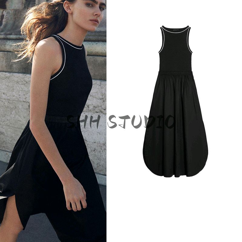 Spring New Women's Clothing European and American Leisure Color Contrast Patchwork Sleeveless Round Neck Midi Skirt Dress 8372046