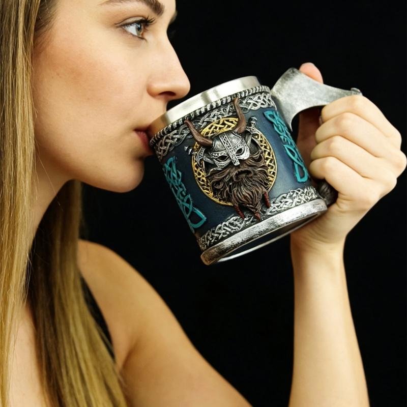 Medieval Pirate Drinking Cup With Ergonomic Axes Handle And Decorative Carvings Beer Mug For Beverage Enthusiasts Gift