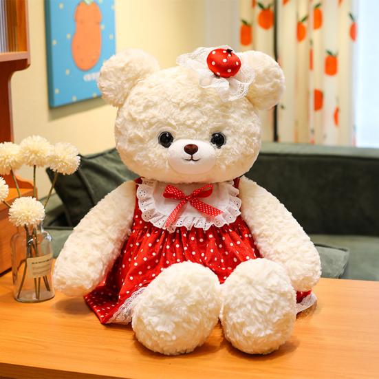 Bear Doll Soft Fluffy Red Dot Dress Lace Embellishments Comfortable Hug Bear Plush Toy Bedroom Pillow Sofa Decor