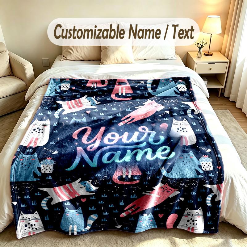 Cat Theme Soft Blanket Personalized Custom Name Text Print Warm Blanket Home Sofa Bedroom Decor
