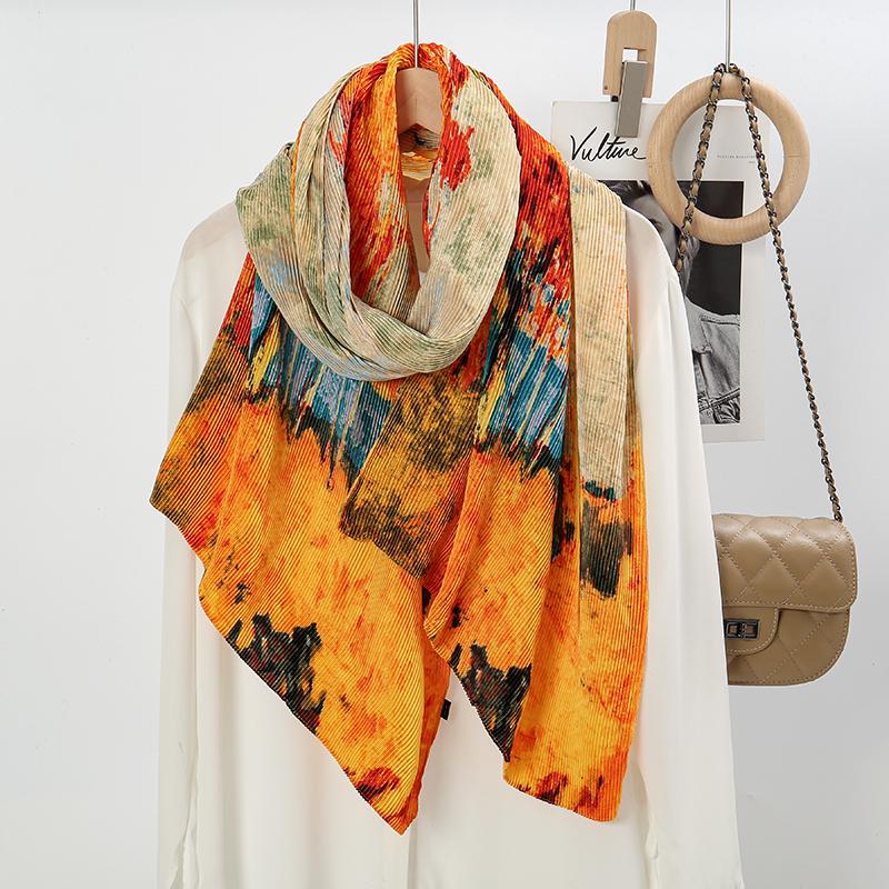 New Tie-dyed Pleated Satin Silk Hijab For Women Printed Headscarf Wraps Scarf Long Shawls Scarves Muslim Women's Hijabs Foulard