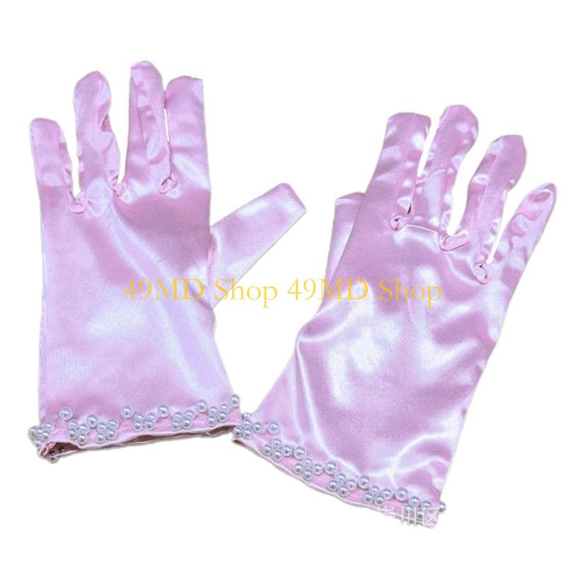 

49MD Silky Gloves Evening Galas Gloves with Beaded Trim Short Gloves Wedding Bride Gloves Formal Occasion Stage Props Gloves