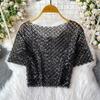 Chic Vintage Hollow Out Sequin Backless Elegant Fashion Sexy Shirt High Street T Shirt Summer Women Blouse Women