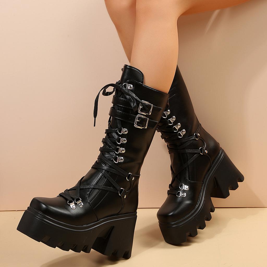 Vintage Gothic Lace Long Boots For Women Chunky Heel Side Zipper With Chain Detail Platform Goth Boots High Heels Women Shoes
