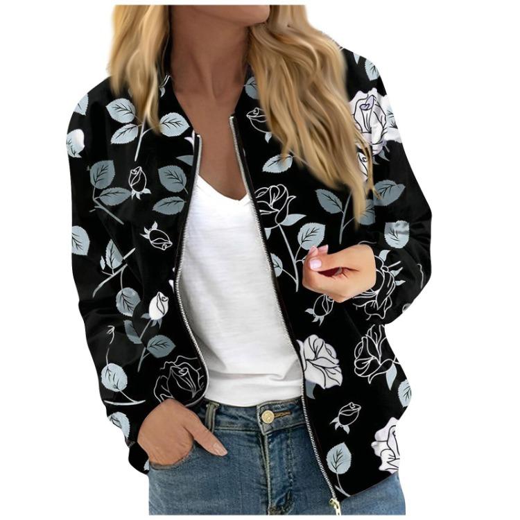 Women Floral Leaf Print Casual Long Sleeve Zipper Jacket Round Neck Fashionable