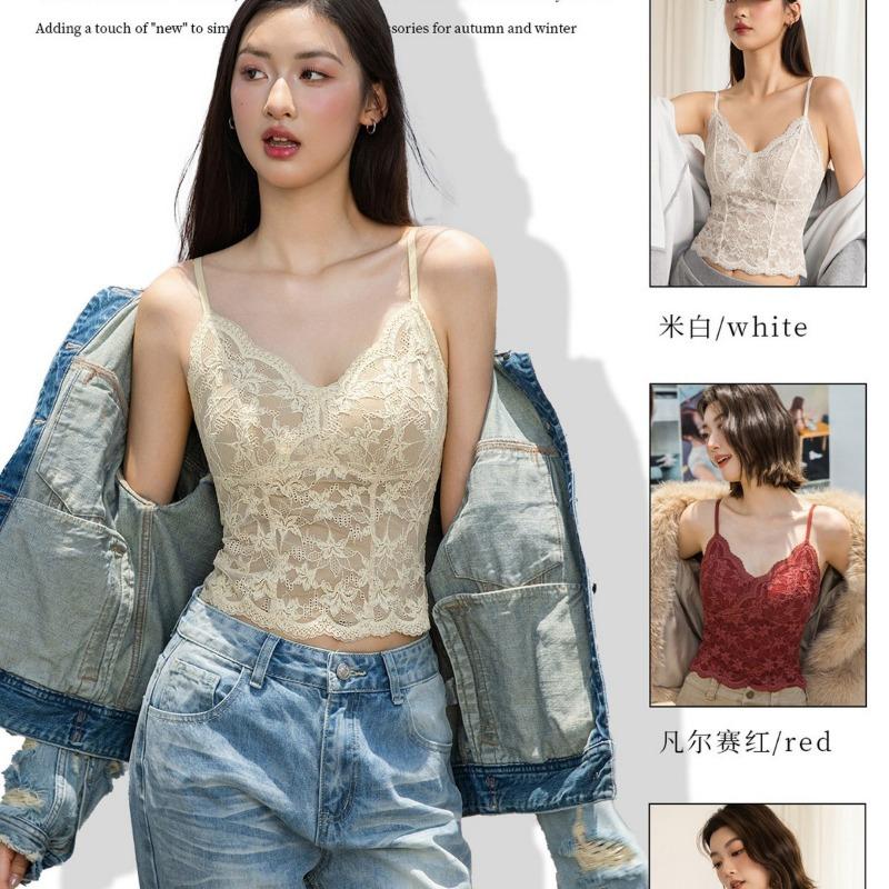 Women V Neck Fleece Lace Camisole Tank Top With Built In Chest Pad