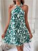 Halter Neck Flower Print Dress Lace Up Ruffle Edge Backless Dress Sleeveless Chiffon Dresses Causal Women Dress