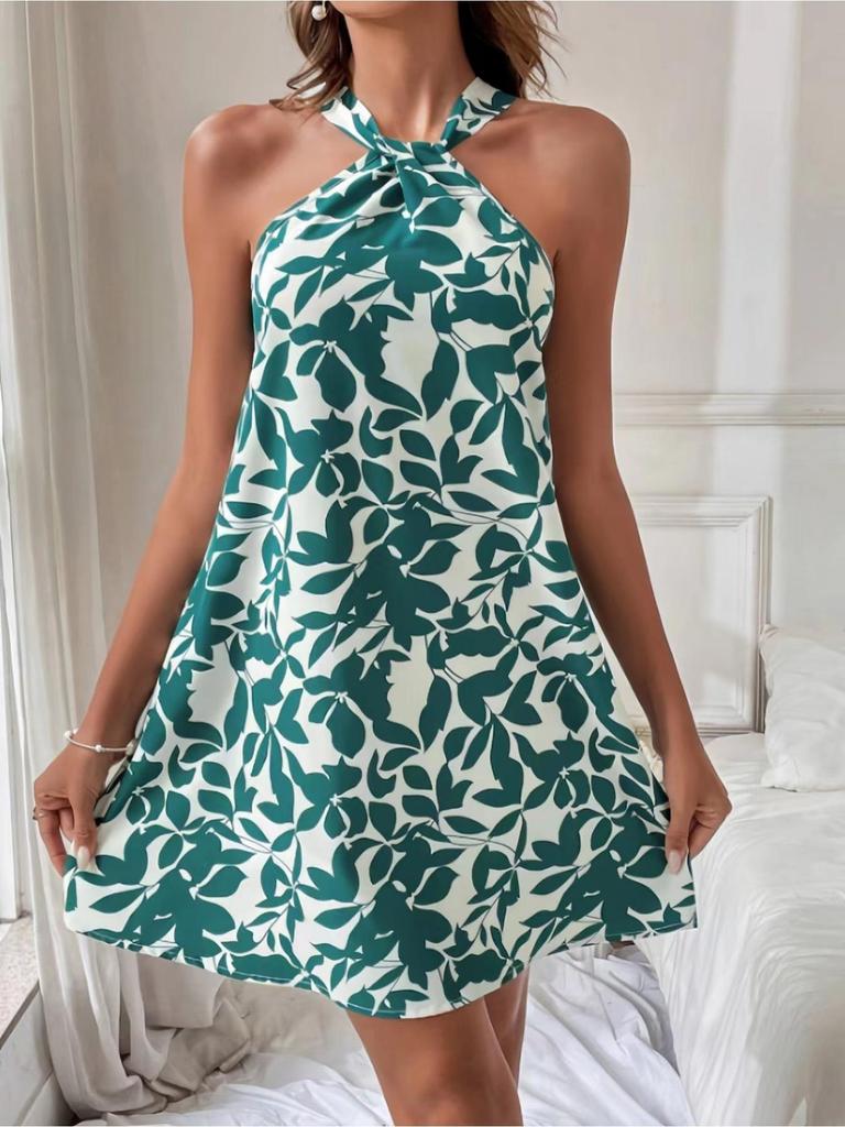 Halter Neck Flower Print Dress Lace Up Ruffle Edge Backless Dress Sleeveless Chiffon Dresses Causal Women Dress