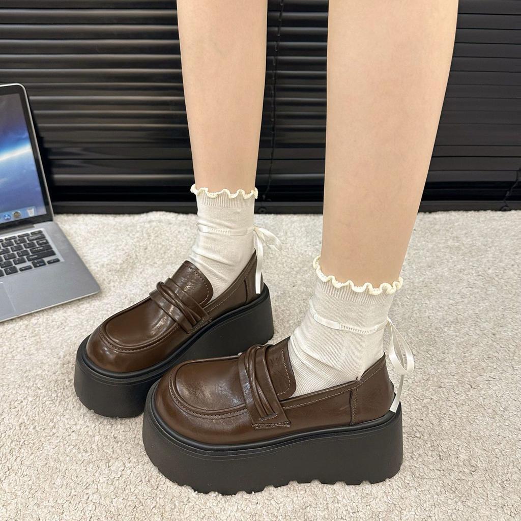 Versatile British Brown Retro Small Leather Shoes Platform Heightening Loafers Women's 2025 Autumn and Winter New Models