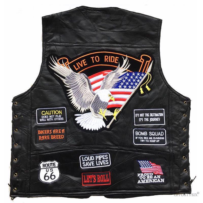 Chaqueta de cuero clásica para hombre chaleco de locomotora chaleco de cuero chaleco de cuero chaleco de montar 14 insignias bordadas