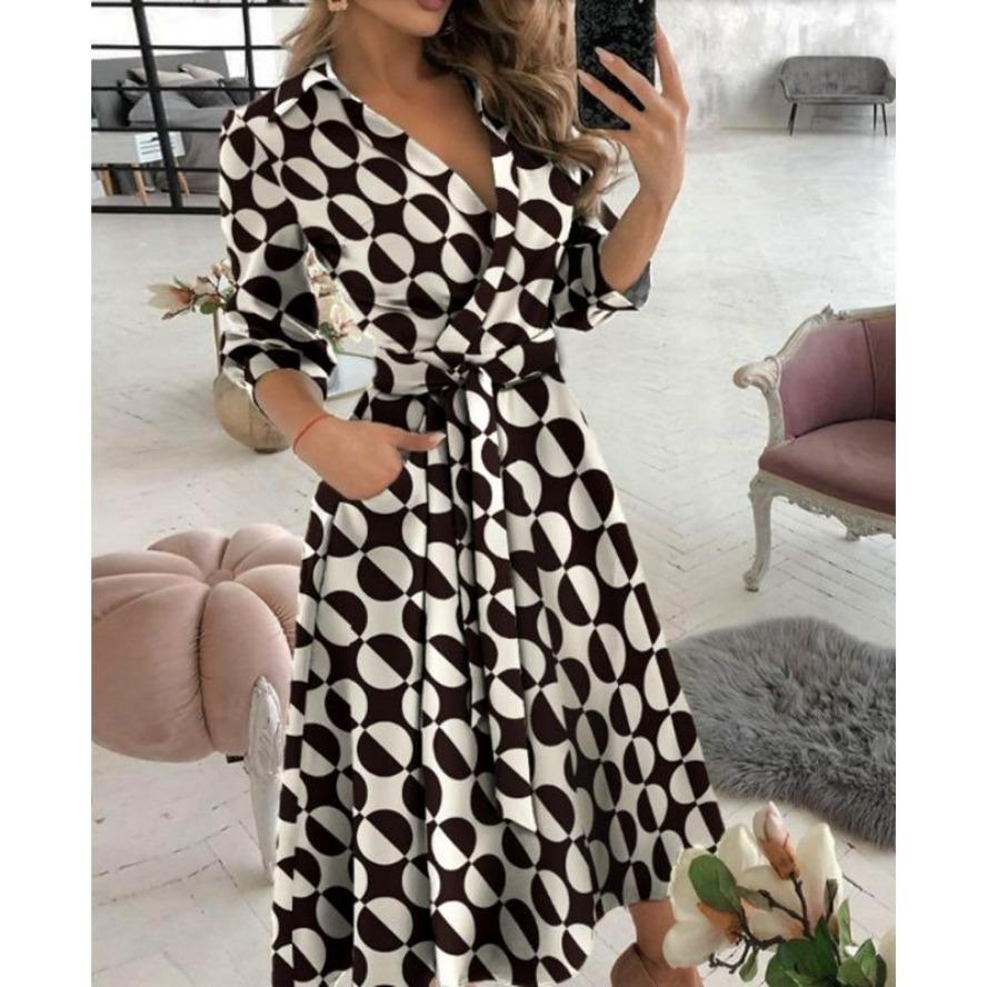 YYFS Damenmode Frühling Herbst Farbblockdruck Langarm Polokragen Hohe Taille Freizeitkleider