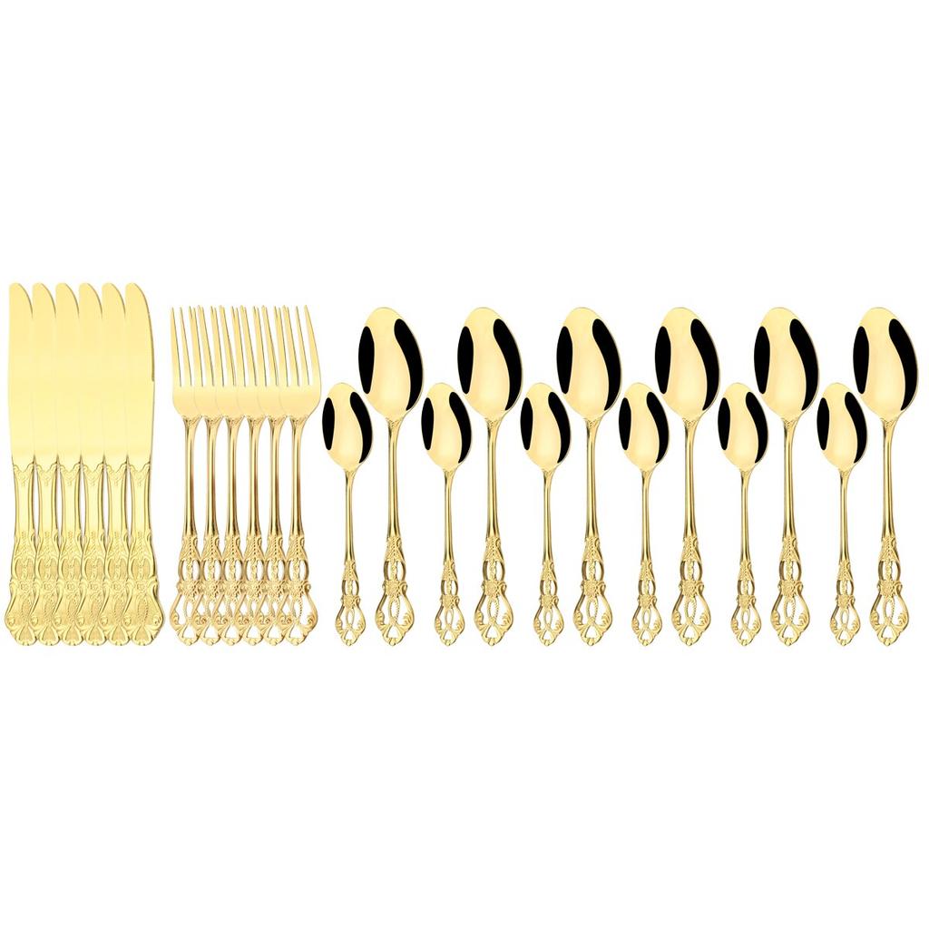24Pcs Knife Fork Ice Spoon Dinnerware Set Colorful Stainless Steel Cutlery Set Vintage Hollow Tableware Wedding Party Silverware