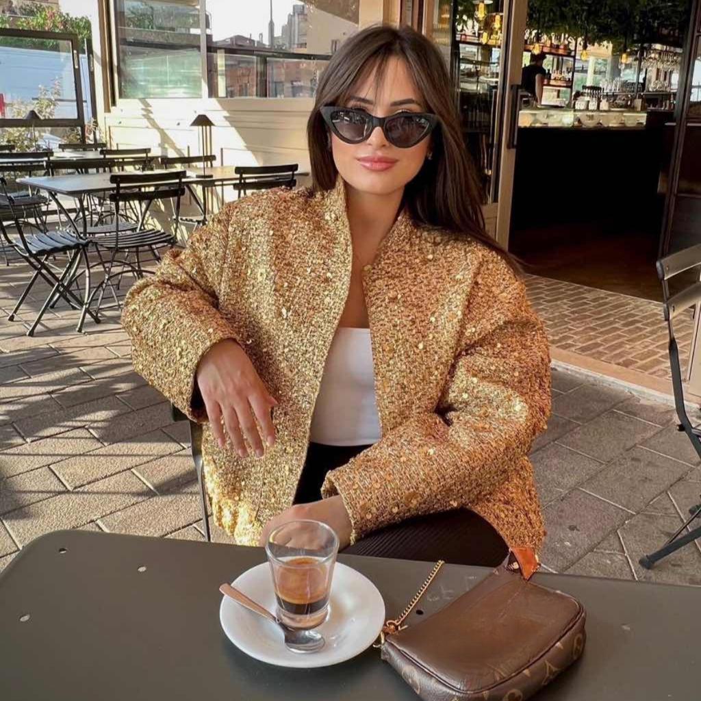 Women Shiny Sequin Jacket Y2k Gold Color Stand Collar Long Sleeve Short Coat Ladies High Streetwear