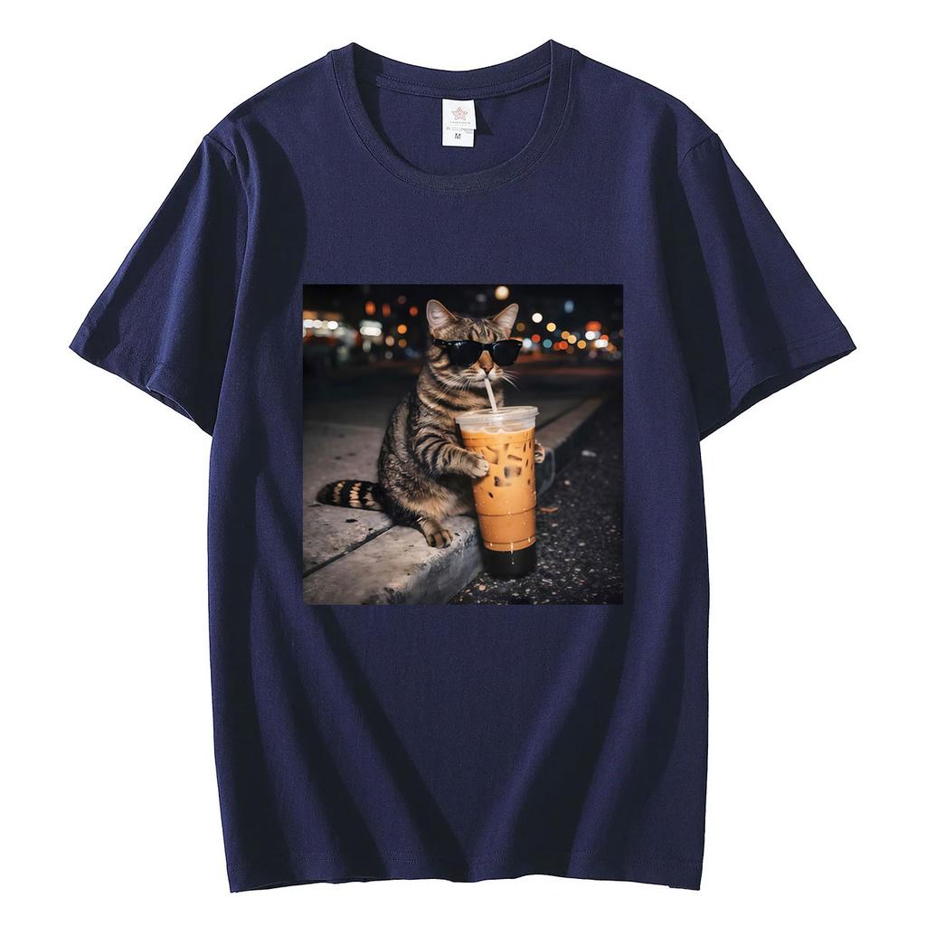 Funny Cat Drinking Coffee Meme Graphic T Shirts High Quality Fashion Short Sleeve Tshirts Men Women Casual Loose Cotton Tshirt