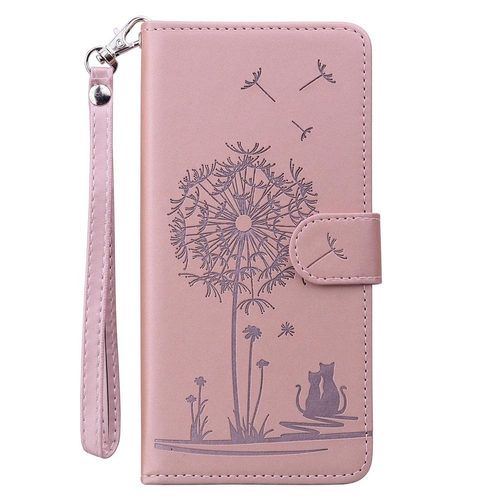 Wrist Strap 3D Emboss Flower Cat Leather Phone Wallet Case Book Kickstand For iPhone 16 15 Pro Samsung Redmi Google Oppo Magnetic Card Slot Flip Cover