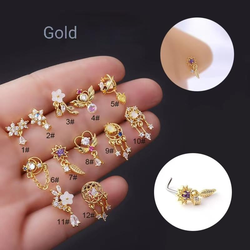 1 stk Mote L-formet hengende nesepiercing 20G rustfritt stål blomst måne dusker zirkon nesevingeskrue piercing zirkon