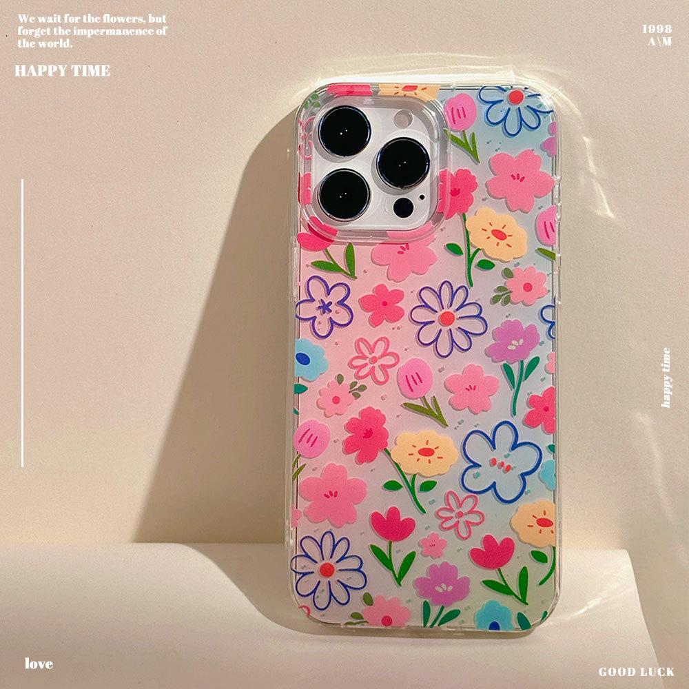 Applicable To Apple 16pro Full Screen Flower Mobile Phone Case Iphone15 Full Inclusive IMD Cartoon Lanyard Protective Cover 14 Women