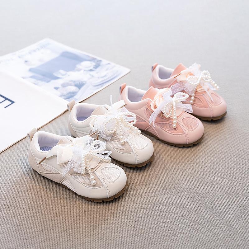 Dexun Shoes Classmate 2025 Autumn Korean Version Pearl Lace Bow Girls Low-top Children's Shoes Spot Fashion