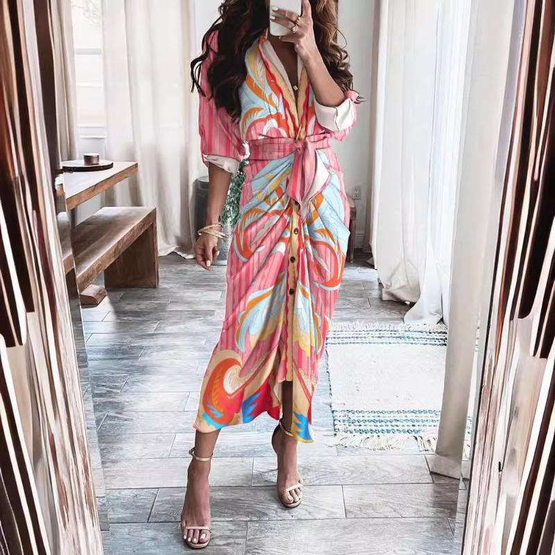 Wish summer long sleeve button short sleeve print dress long dress elegant