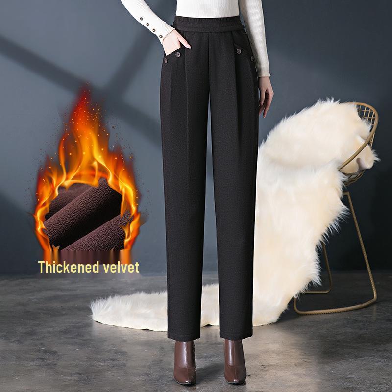 Pantaloni Harem Lână Căptușiți cu Fleece pentru Femei - Talie Elastică de Catifea, Pantaloni Casual de Iarnă pentru Mame de Vârstă Mijlocie și Vârstnice.